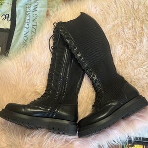Black Over-the-Knee Lace-Up Ribbed Boots with Side Zip